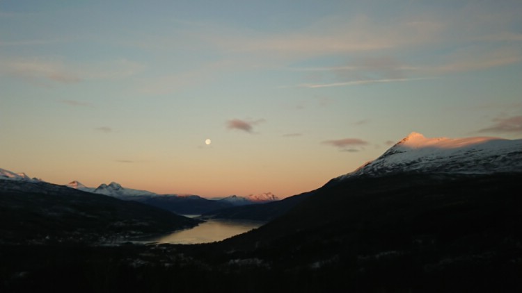 Vy över fjorden och bergen från Gratangen Fjellhotell. Vi bor 250m över havet med strålande utsikt. 