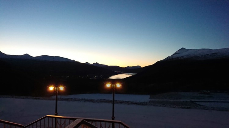 View of the fjord and the mountains from Gratangen Fjellhotell, 250m above sea level with spectacular views. 