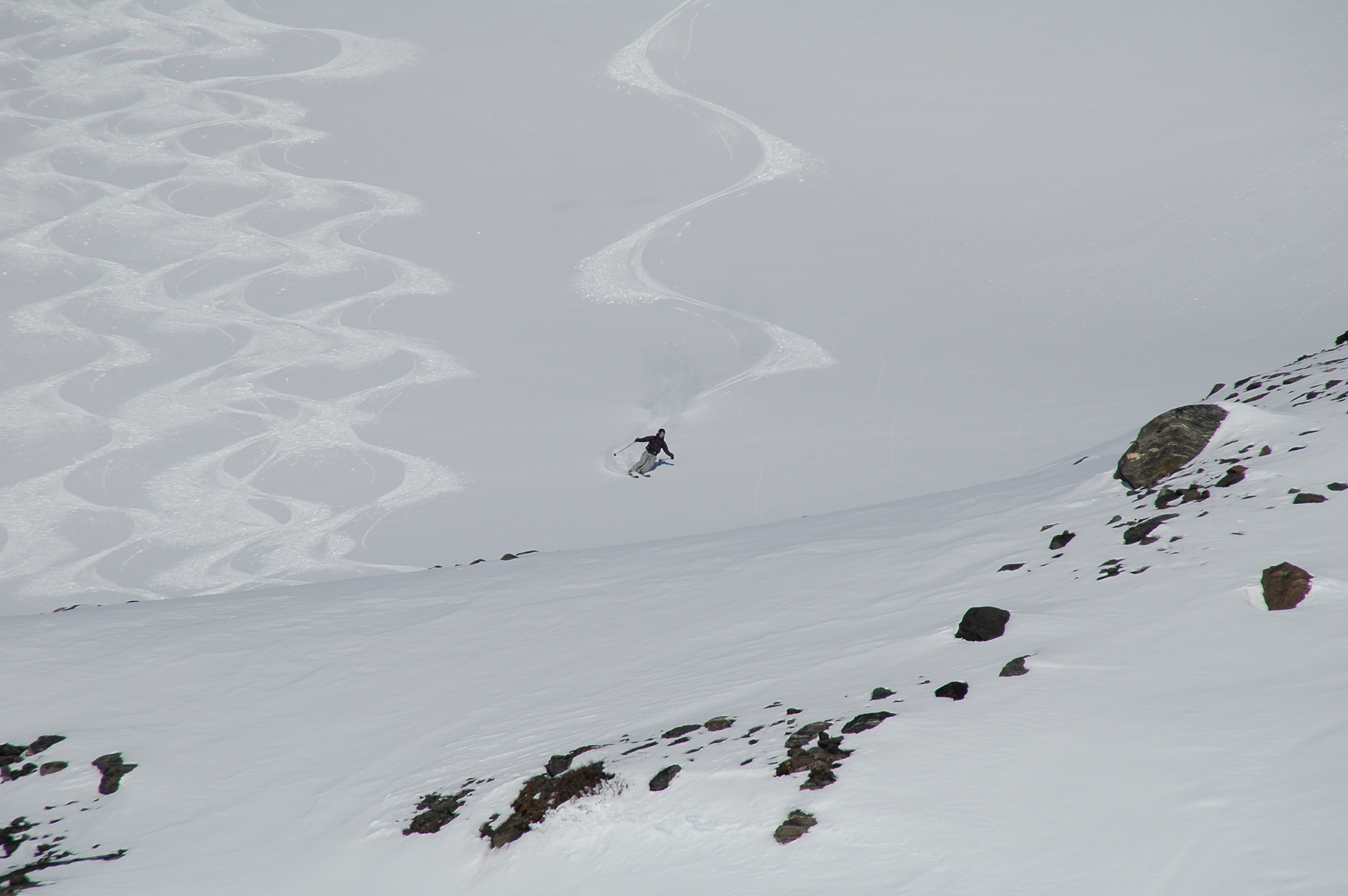 High speed cruising on the south side of Gorsacohkka. Heli ski Riksgrnsen 30/3 - 2009    Photo: Peter Almer 