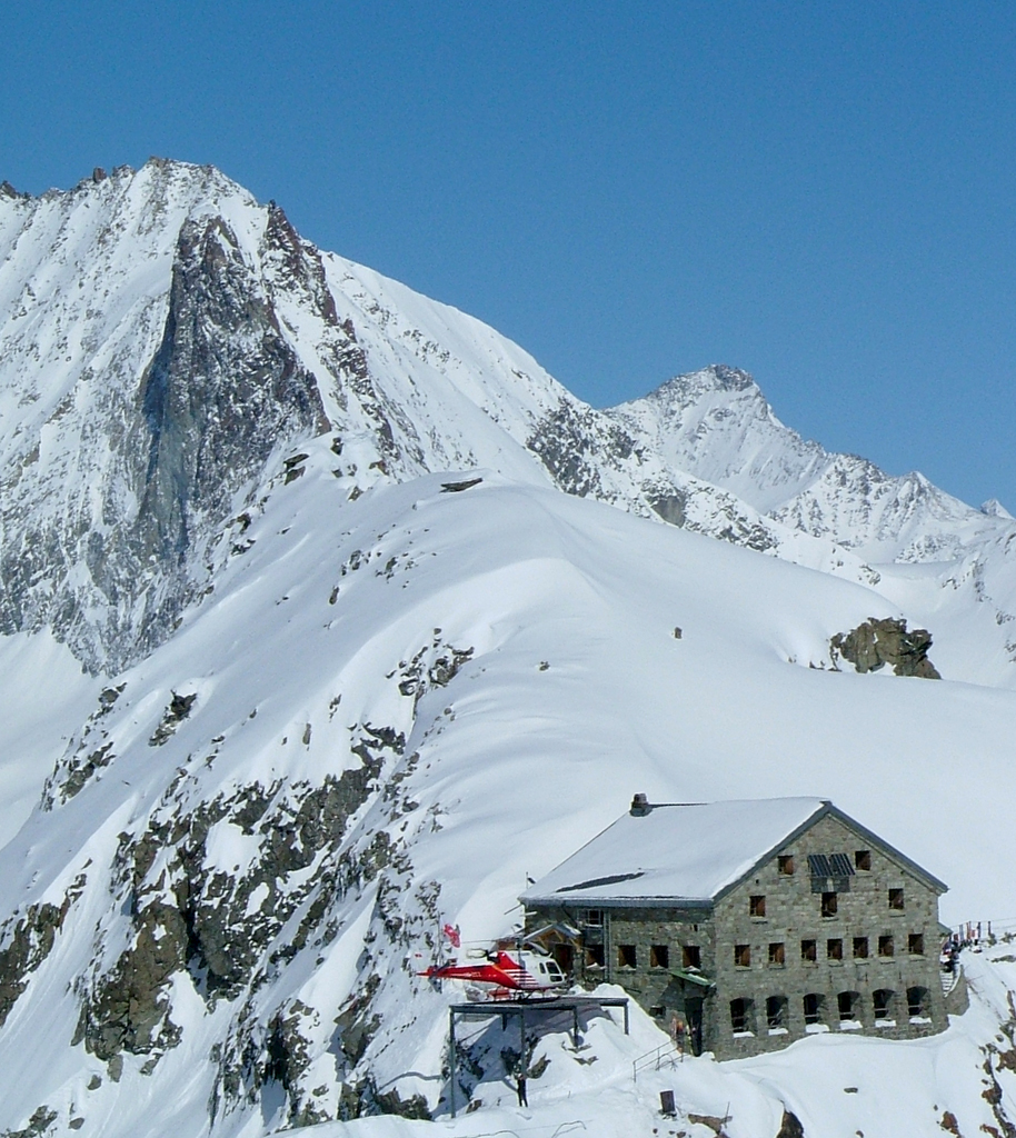 Dinner arriving by helicopter at the Cabane des Vignettes. Photo: Lisa Auer