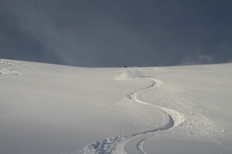 Start of the heliski season 2010. Someone fell over. Photo: Andreas Bengtsson