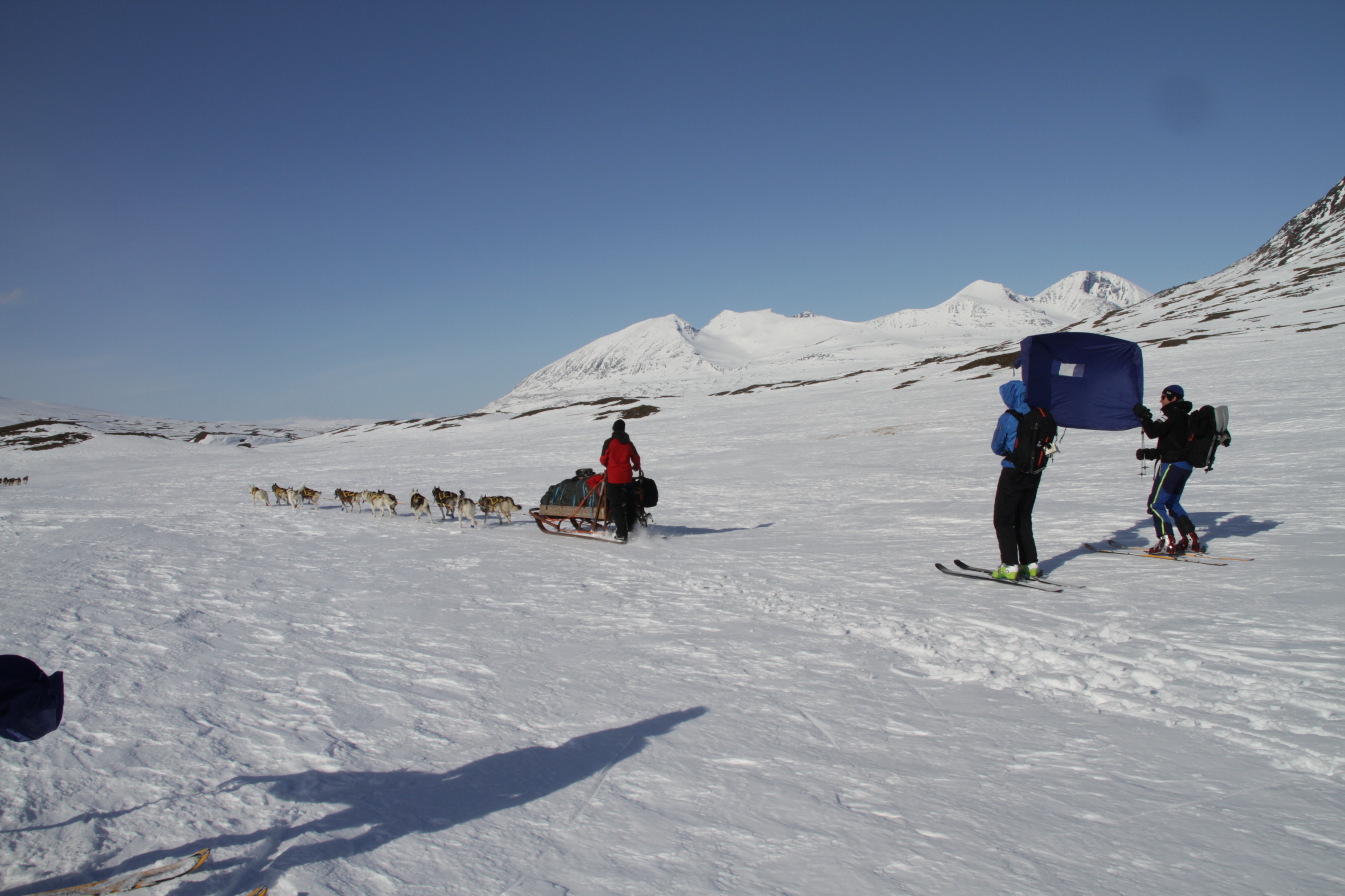 Alternative use of the bivi sack. Otto Ankarcrona and Lars Olof sailing in Sarek. 7th April 2010. Photo: Magnus Strand